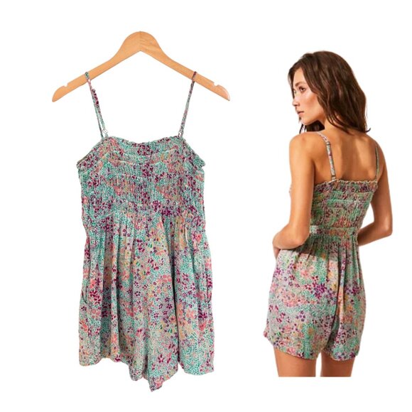 Free People Romper Women Small Shorts Sammi Floral Smocked Boho FP One 83224097 - Picture 2 of 12